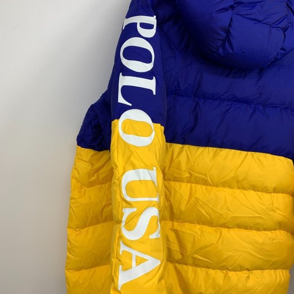 Polo Ralph Lauren Puffer Jacket Down Fill Glacier Hooded Yellow Blue - Picture 12 of 16